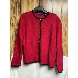 Vintage Wool Sweater Karen Scott‎ Womens Red Gold Buttons XL Black Trim Grandma